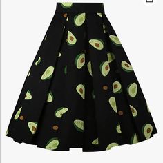 Nwot Vintage Avocado Pleated A-Line Skirt. Fun, Eye Catching Avocado Print. Front Pockets Midi Length Zipper Closure High Rise Comfortable Cotton Material Never Worn Length Approximately 23.5" Waist Approximately 14" Retro Black A-line Skirt, Retro Fitted Black Skirt, Retro Black Lined Skirt, Black A-line Retro Skirt, Black Vintage Skirt For Summer, Retro Black Skirt For Spring, Retro Black Flared Skirt, Vintage Black Skirt For Summer, Black Retro A-line Skirt