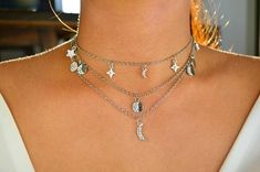 Chain is adjustable. Festival Silver Choker With Adjustable Chain, Silver Choker Necklace With Moon Charm, Silver Star Choker, Adjustable Silver Choker With Star Charm, Adjustable Moon Charm Choker, Lunar Jewelry, Face Piercings, Silver Choker, Silver Moon