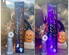 three halloween decorations on display in front of an old car with the word halloween painted on it