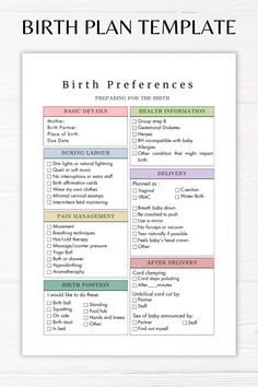 a printable birth plan is shown with the text birth plan template