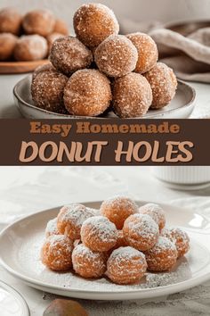 an image of donuts stacked on top of each other with the words easy homemade donut holes