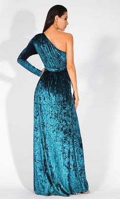 Midnight Drama Blue Velvet Long Sleeve One Shoulder Side Slit Maxi Dre – Indie XO Women's Jumpsuit, Womens Trendy Dresses, Solid Jumpsuit, Velvet Maxi Dress, Velvet Maxi, Turquoise Dress, Dresses Trendy, Dress C, Womens Maxi Dresses