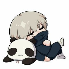 an anime character hugging a panda bear with his head on the back of it's body