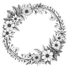 a black and white drawing of flowers with leaves on the bottom, in a circle shape