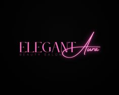 the elegant aura beauty salon logo is lit up in pink on a dark black background