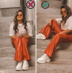 two pictures of a woman sitting on the steps wearing orange pants and white sneakers, one with her eyes closed