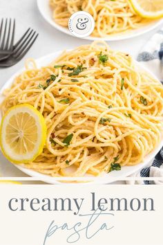 two plates of creamy lemon pasta on a white table with text overlay that reads, creamy lemon pasta