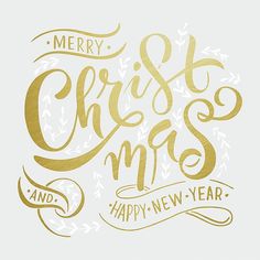 merry christmas and happy new year hand lettering on white background with gold foil stamping