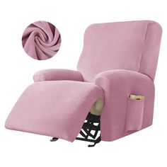 a pink recliner chair with a pocket for the armrest and foot rest on it