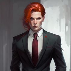 a man with red hair in a suit and tie standing next to a white wall