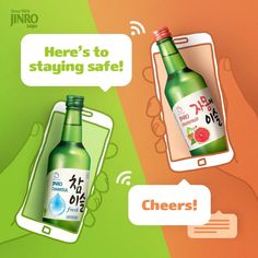 an advertisement featuring two bottles of alcohol and a hand holding a cell phone with the caption here's to staying safe cheers