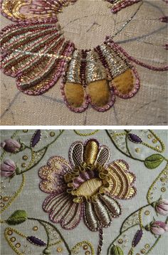 two pictures showing different types of fabric with flowers and leaves on them, one in gold and the other in pink