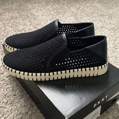 Beautiful Never Worn Dkny Slip On Sneakers ! Can Be Worn In Water As Well Black Sneakers With Perforations For Spring, Black Perforated Sneakers For Spring, Trendy Black Sneakers With Perforations, Dkny Shoes, On Sneakers, Shoes Womens, In Water, Slip On Sneakers, Womens Shoes Sneakers