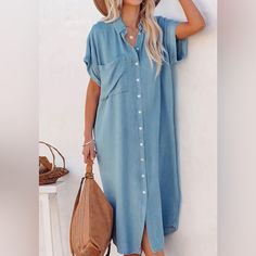 Chambray. Xsmall. Brand New With Tags. Comes From A Pet And Smoke Free Home. Cupshe Dress, Midi Design, Loose Midi Dress, Shirt Collar Styles, Moda Denim, Denim Midi Dress, Chambray Fabric, Loose Fit Shirts, Cuffed Sleeve