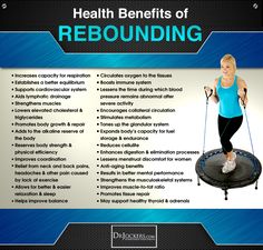 a woman on a trampoline with the text health benefits of rebounding