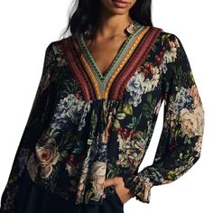 Beautiful Anthropologie/Blank London Floral Blouse Size: Xxs V Neck, Embroidered Long Sleeve Multicolor New With Tags Printed Viscose V-neck Top, Elegant Floral Print Viscose Tops, Elegant Viscose Tops With Floral Print, Multicolor Long Sleeve Viscose Tops, Multicolor Viscose V-neck Blouse, Bohemian Viscose V-neck Top, Bohemian V-neck Viscose Top, Fall Printed Viscose Tops, Printed V-neck Viscose Blouse