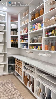 an organized pantry with white shelving and drawers