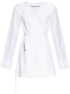 white organic cotton embroidered logo at the sleeve slit detailing dart detailing wrap design V-neck long sleeves buttoned cuffs tie-fastening straps straight hem Alexander Wang Dress, Wang Dress, Fantasy Gowns, Yoko London, Water Consumption, City Dress, Summer Beach Wear, Manufacturing Process, Coat Dress