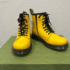 Dr Martens Yellow Smooth Lace Up Boots Size 5 With Zipper On Side Brand New Yellow Doc Martens Outfit, Casual High Ankle Yellow Boots, Casual Yellow High Ankle Boots, Yellow Boots For Streetwear, Yellow Doc Martens, Yellow Waterproof Lace-up Boots, Doc Martens Yellow Laces, Yellow Lace-up Boots With Reinforced Toe, Yellow Lace-up Work Boots With Reinforced Toe