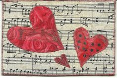 two red hearts on music sheet with musical notes and ladybug in the background