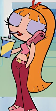 a cartoon character holding a drink in her hand