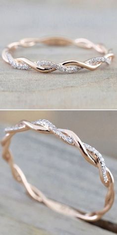 two different views of a wedding ring with diamonds on top and bottom, one in white gold