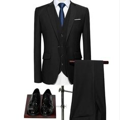 Men's Wedding Slim Suit - Zorket Black Wedding Suit For Winter, Black Winter Wedding Suit, Fitted Black Three-piece Suit For Winter, Black Business Sets For Winter, Black Notch Lapel Sets For Winter, Winter Business Black Sets, Blue Wedding Groom, Male Suits, Men Suits Black