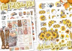 the fall sticker kit includes sunflowers, pumpkins and boots