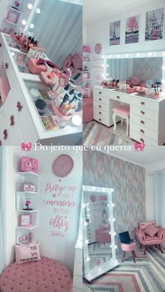 a collage of photos showing the inside of a room with pink furniture and accessories