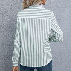 Vertical Striped Slimming Shirt for Women - Green,S Shirts Style, Striped Long Sleeve Shirt, Turndown Collar, Casual Stripes, Elegant Shirt, Collar Top, Shirt For Women, Vertical Stripes, Casual Fits