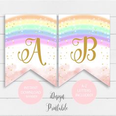 two rainbow banners with the letter a, b and c in gold foil on them