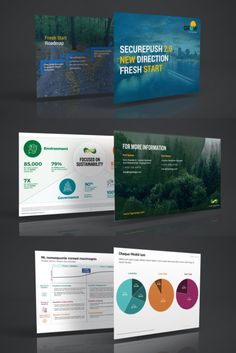 three different presentation slides with an image of trees in the background