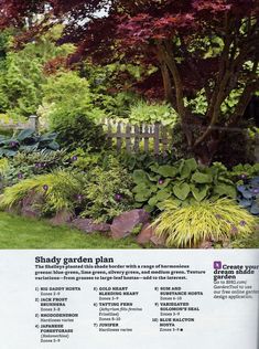 an advertisement for shady garden plan in the front yard