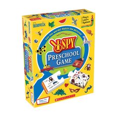 the spy preschool game is on display in front of a white background and it's yellow box