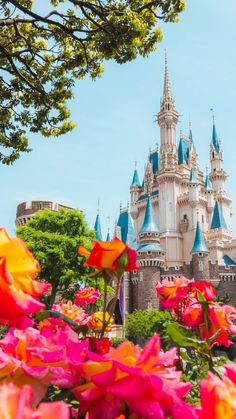 the castle is surrounded by flowers and trees