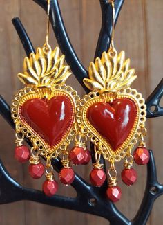 Metal Embossing Art, Mexican Earrings, Makeup Accesories, Handmade Brass, San Antonio Tx, Cuff Earrings, Sacred Heart, Dia De Muertos, Heart Earrings