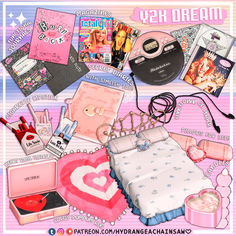 an assortment of items are displayed on a pink background