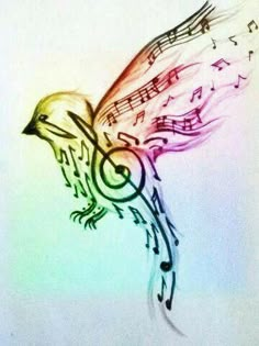 a drawing of a bird with musical notes on it's wings