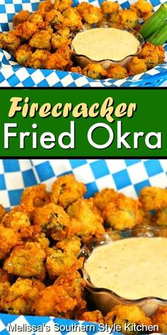 fried okra with ranch dressing in the middle and another side dish on the other