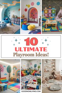 Colorful playroom ideas showcasing various designs, including cozy seating, vibrant rugs, and playful wall murals, with a title highlighting "10 Ultimate Playroom Ideas." Playroom Ideas Small Space, Playroom Ideas For Toddlers, Toddler Playroom Organization, Toddler Playroom Ideas, Creative Playroom Ideas, Play Area Ideas, Ultimate Playroom, Montessori Playroom Ideas, Toddler Play Area