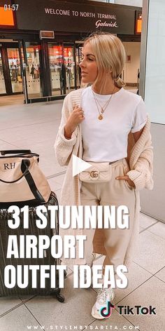 a woman is standing in an airport with her luggage and the words 31 stunning airport outfit ideas