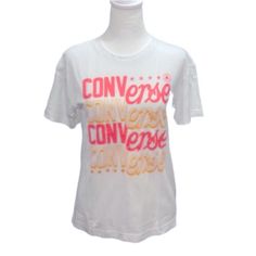 New Converse Graphic T-Shirt White Lettering Is In Bright Pink And Orange 100% Cotton Basic White Tops With Screen Print, Basic White Summer Shirt, White Cropped T-shirt With Logo Print, Basic White Shirt With Text Print, Casual White Slogan Shirt, Casual White Tops With Slogan, Casual White Shirt With Slogan, Converse Graphic Print Short Sleeve T-shirt, White Slogan T-shirt For Spring