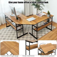 the desk is made from wood and has metal legs, with an open shelf underneath it