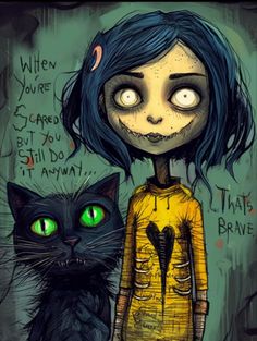 a drawing of a girl with blue hair and green eyes next to a black cat