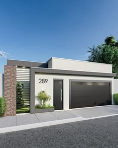 an artist's rendering of a modern house with two garages