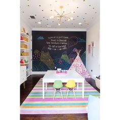 a room with a table, chairs and a chalkboard on the wall behind it