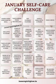 january self care challenge | self care challenge | self care challenge 2025 | selfacre #innerspiritglow #januaryselfcare #selfcarechallenge #selfcare2025 #selfcarejourney #selflovechallenge #selfcareroutine #selfcaregoals #selfcaretips #selfcare January 2025 Challenges, January Wellness Challenge, Self Care January, January Self Care Calendar, January Daily Challenge, January Challenge 2025, How To Take Care Of Myself, Self Care Things To Do, January Self Care Challenge