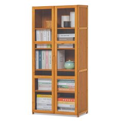 a tall wooden bookcase with many books on it's sides and two doors open