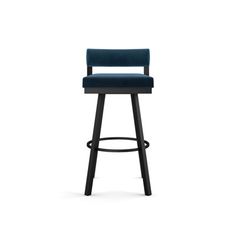 an upholstered bar stool with a blue velvet seat and black metal frame, viewed from the front