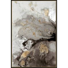 an abstract painting with gold and white paint on it's surface is shown in this image